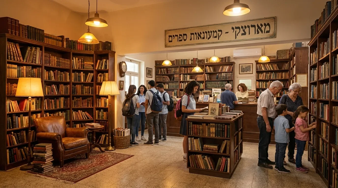 חנות ספרים וינטג' מארוצקי עם מדפים עתיקים ואווירה חמימה